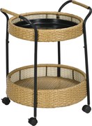 Outsunny Rattan Szervíz Kocsi 2 Polccal, Kerti Görgős Kocsi, Kerek Konyhai Kocsi Fogantyúkkal, Kültéri Bár Kocsi Erkélyhez, Acél Váz, Természetes, Φ50