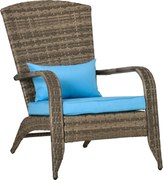 Outsunny Adirondack Kertiszék Karfákkal és Párnákkal, Rattan és Acél Szék Belső és Külső Használatra, 64x80x90 cm, Barna és Kék | Aosom