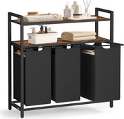 Szennyesszortírozó, szennyeskosár 3 kihúzható és kivehető zsákkal, 3 × 40 L, barna és fekete