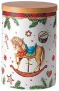 Karácsonyi hintalovas porcelán konyhai tároló bambusz szilikon zárógyűrűvel Christmas Toys közepes