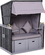 Outsunny Balti-tengeri Teljes Fekvő 2-Fős Téli Ellenálló Keményfa Strandfotel, Napernyővel, Lábpihenővel és Oldaltartókkal, Strandfotel Takaróval, Bal
