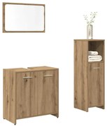 3 részes kézműves tölgy színű szerelt fa fürdőszobai bútorszett