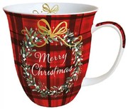 Karácsonyi piros kockás, koszorús porcelánbögre Christmas Plaid 400ml