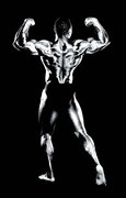 Fotográfia Male bodybuilder flexing muscles, rear view (B&W), Robert Daly