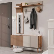 Modern előszobafal tükörrel és cipőtárolóval – fogasos előszobabútor szett dió/barna színben