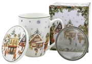 Karácsonyi porcelán szűrős bögre tetővel díszdobozban Christmas Village