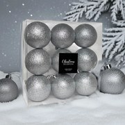 Ezüst glitteres műanyag karácsonyi gömb szett 9x8cm