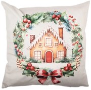 Karácsonyi párnahuzat 45x45 cm koszorúban mézeskalács házikó