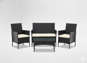 RATTAN BÚTORSZETT (KANAPÉ, 2 FOTEL, ASZTAL), FEKETE + KRÉMSZÍNŰ PÁRNÁKKAL