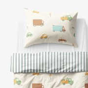 Goldea gyermek pamut ágyneműhuzat - az autók világa, zsálya színű csíkos hátoldal 140 x 200 és 70 x 90 cm