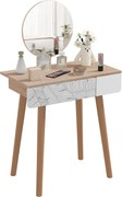 HOMCOM Sminkasztal Kör alakú Tükörrel Ф39cm, Smink Konzol Fiókkal Dzungel Dekorációval, Fehér és Tölgy, 70x39x119-128cm | Aosom