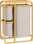 HOMCOM Helytakarékos Mosoda Kosár, Elegáns Kosár 3 Kivehető Textil Táskával és Polccal, Bambusz, 50x32x69.7 cm, Bambusz és Krém Szín | Aosom