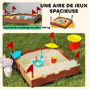 AIYAPLAY Fa Homokozó, Homokozó Gyermekeknek 3-7 Éves Korig Ülésekkel, Zászlókkal, Fal Tematikával, 90 x 90 x 17 cm, Barna | Aosom