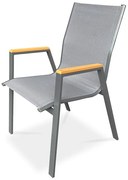 Kerti szék, szürke textilén, szürke fémváz, polywood karfa tölgy dekorral