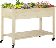 Outsunny Magas Urbánus Kertészeti Asztal 118x55x83 cm Fából Készült Magaságyás Polccal, Geotextil Anyaggal, Fékkel Ellátott Kerekekkel, Hordozható Ker