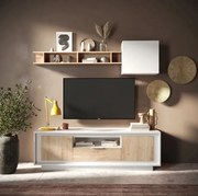 SKY 2.0 TV-szekrény 2 ajtóval és 1 fiókkal, fehér matt lakkozott vázzal, Cadiz tölgy mintázatú laminált előlapokkal