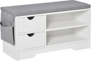 HOMCOM Cipőtartó Pad Üléssel, 2 Polccal, Levehető Párnázott Táskával és 2 Fiókkal. Bejárati Pad 4 Pár Cipőhöz modern Előszobába, 80.5x30.5x43.5 cm, Fe