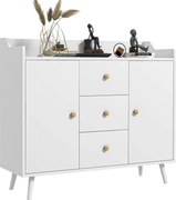 HOMCOM Modern Nappali Tálca Konyhai Tálca 2 Ajtóval, 3 Fiókkal és Fenyőfa Lábakkal Étkezőbe, Előszobába vagy Hálószobába 90x32x80 cm Fehér | Aosom