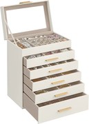 Ékszerdoboz üvegfedéllel, 6 szintes ékszertároló 5 fiókkal, 16,3 x 25,1 x 29 cm, felhőfehér