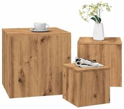 3 db kézműves tölgy színű szerelt fa kisasztal