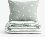 Goldea pamut ágyneműhuzat - szívecskék, zsálya színű csíkos hátoldal 140 x 200 és 70 x 90 cm