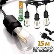 Kültéri fényfüzér kerti égősor girland 15m + 15db 1W LED izzó IP44 E27 Sorolható