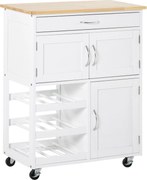 HOMCOM Konyhai Kocsi Kerekekkel, Fiókkal, 2 Tároló Szekrénnyel és 3 Nyitott Polccal, 9 Palackhoz, Étkezőbe vagy Étterembe, 67x37x87 cm, Fehér | Aosom