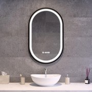Ovális LED tükör fekete kerettel 50x80cm | Páramentesítő - Óra - Fényerő és színhőmérséklet szabályozás | Welland Lyon