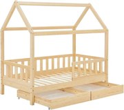 Természetes fa gyerekágy ház formában, tárolóval