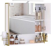 Fürdőszobai tükrös szekrény világítással, fehér-arany, 14,5×70×70 cm