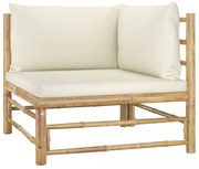 bambusz kerti sarokkanapé krémfehér párnákkal