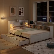 Egyszemélyes ágy Összecsukható kanapé Fiókos lámpa fehér, 140x200 cm