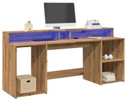 kézműves tölgy színű szerelt fa LED-es íróasztal 200x55x91 cm