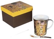 Klimt bögre porcelán kanállal díszcsomagolásban A Csók 350 ml fekete háttérrel
