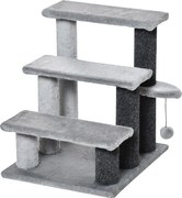 PawHut Háziállat Lépcső 3-Lépcsős Cica Lépcső Kaparóposzttal és Játéklabdával 5 kg-ig Fekvő Szürke Plüss Juta 45 x 40 x 48 cm | Aosom