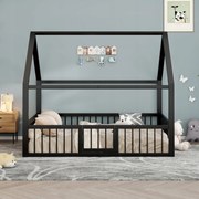 Gyerekágy Fém ágy Faház 140x200cm kerítés Fekete