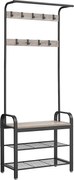 Kabáttartó állvány, kabátállvány cipőtárolóval, 183cm magas, szürke-fekete