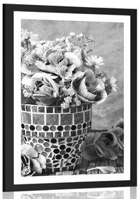 Poszter paszportuval szegfű virágok egy fekete-fehér mozaikcserépben