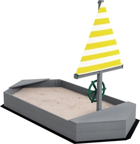 Outsunny Fából készült Gyerek Homokozó Vitorlás Hajó Formájú Gyermek Homokozó Zászlóval és Kormánykerékkel Kertbe 190x90x138 cm Sötét Szürke | Aosom