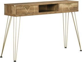 HOMCOM Konsollap Tablo Előszobai Asztal 2 Fiókkal, Nyitott Polccal és Acél Lábakkal, Modern Stílus 120x29x79 cm Bronz | Aosom