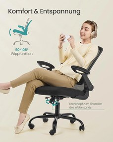 Irodai szék összecsukható karfákkal, ergonomikus számítógépes szék, fekete