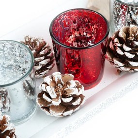 Adventi mécsestartó, toboz díszítéssel, ezüst-piros - POMME