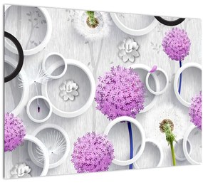 Kép a 3D absztrakció körökkel és virágokkal (üvegen) (70x50 cm)