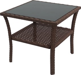 Outsunny Négyzetes Mesterséges Rattan Asztal 50x50x45 cm Üveg Felső Polccal és Acél Vázzal 30 kg Teherbírás Teraszra, Pavilonra Barna | Aosom