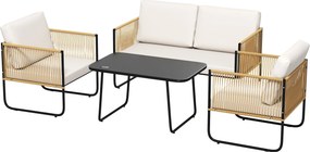 Outsunny 4 Fős Kerti Szett, Balkon Rattan Pihentető 2-Fős Kanapéval, Fotelekkel, Edzett Üveg Kávézóasztallal, Levehető Párnákkal, Krém | Aosom