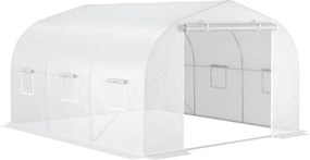 Outsunny Kert Tunneli Üvegház 3,5L x 3W x 2H m Ajtó+6 Feltekerhető Ablak Galvanizált Acél Magas Sűrűségű PE Borítás Fehér | Aosom