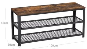 Cipőtároló pad két tároló szinttel, rusztikus barna 100x30x45cm