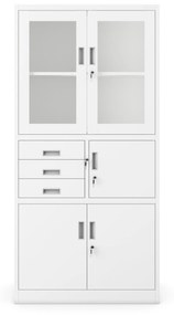 Fém iratszekrény széffel, vitrinnel és fiókokkal FILIP, 900 x 1850 x 400 mm, fehér
