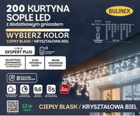 Jégcsapfüggöny 200 LED-es kültéri, kiegészítő aljzattal, 9,6m, fehér/meleg fehér
