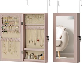 HOMCOM Fali Ékszertartó Tükörszekrény Zárral és Több Rekesszel, Falra vagy Ajtóra Akasztható, Fülbevalók, Nyakláncok, Gyűrűk, Karkötők Számára Rózsasz